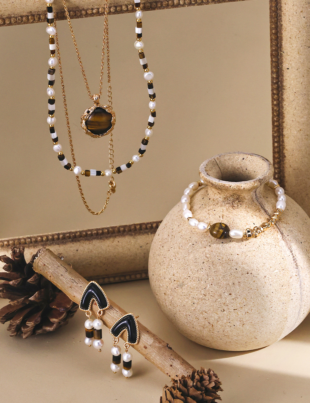 18K S925 sterling silver fashionable high-end tiger eye stone pearl bracelet