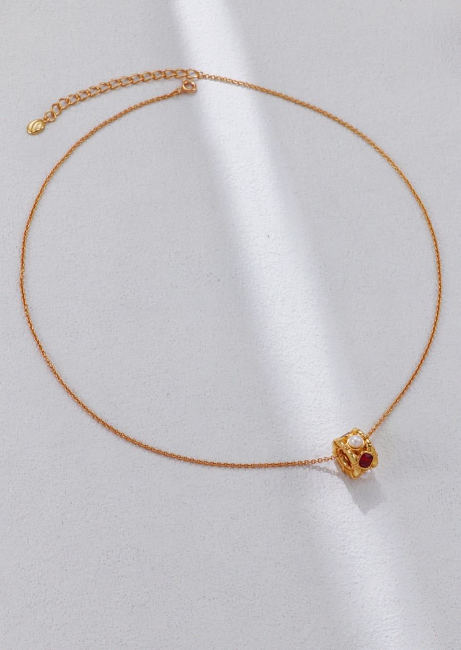 S925 Sterling Silver Vintage Fashionable Elegant Pearl and Red Zirconia Earrings, Ring, and Necklace