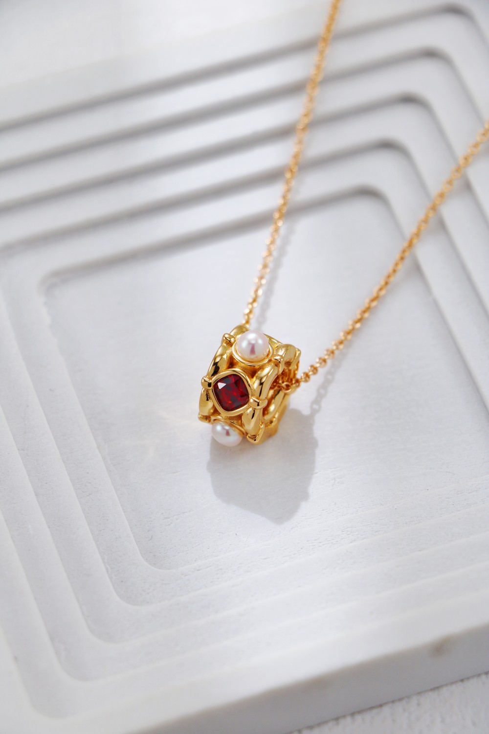 S925 Sterling Silver Vintage Fashionable Elegant Pearl and Red Zirconia Earrings, Ring, and Necklace