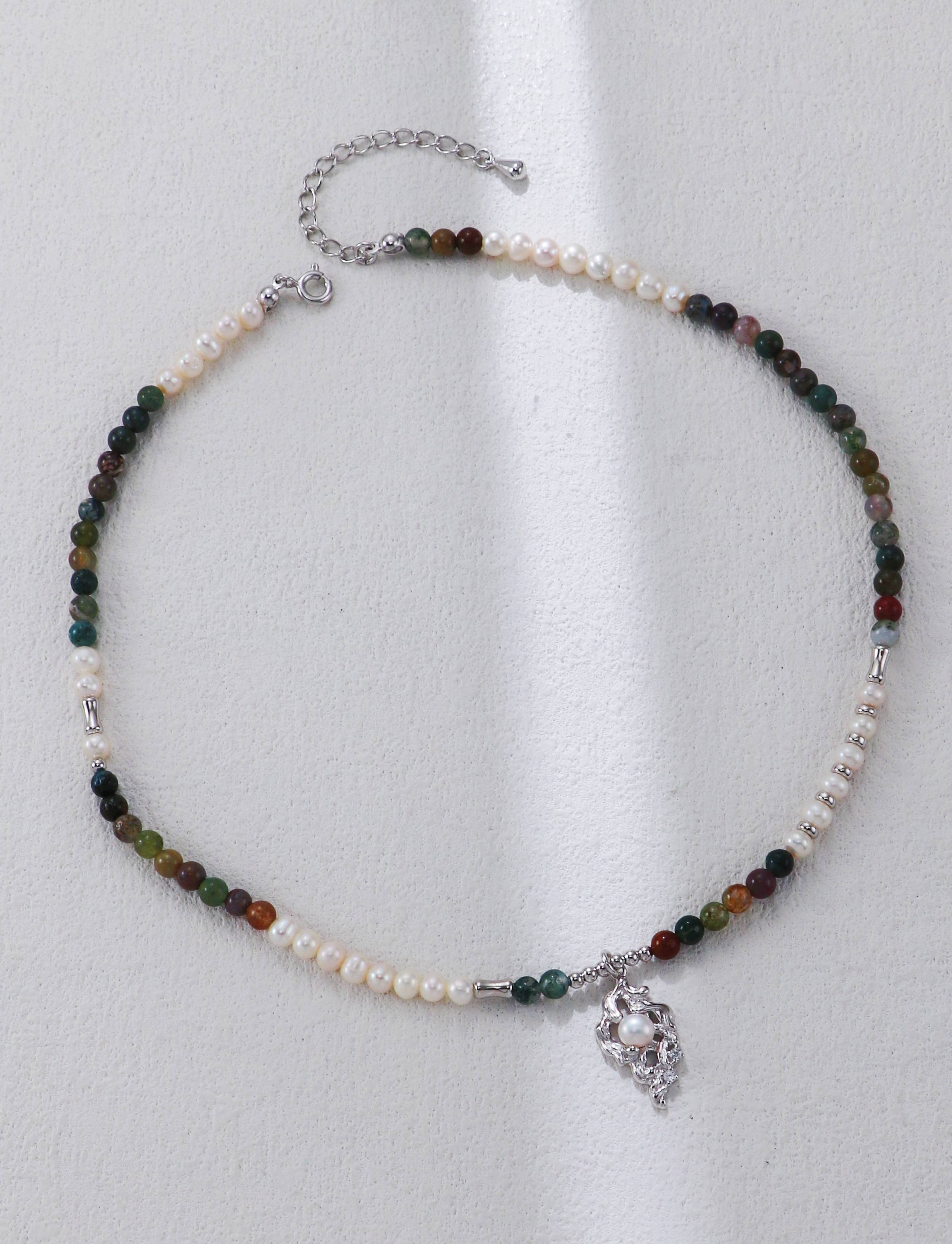 18K S925 Sterling Silver Fashionable Niche Multicolored Agate and Pearl Necklace