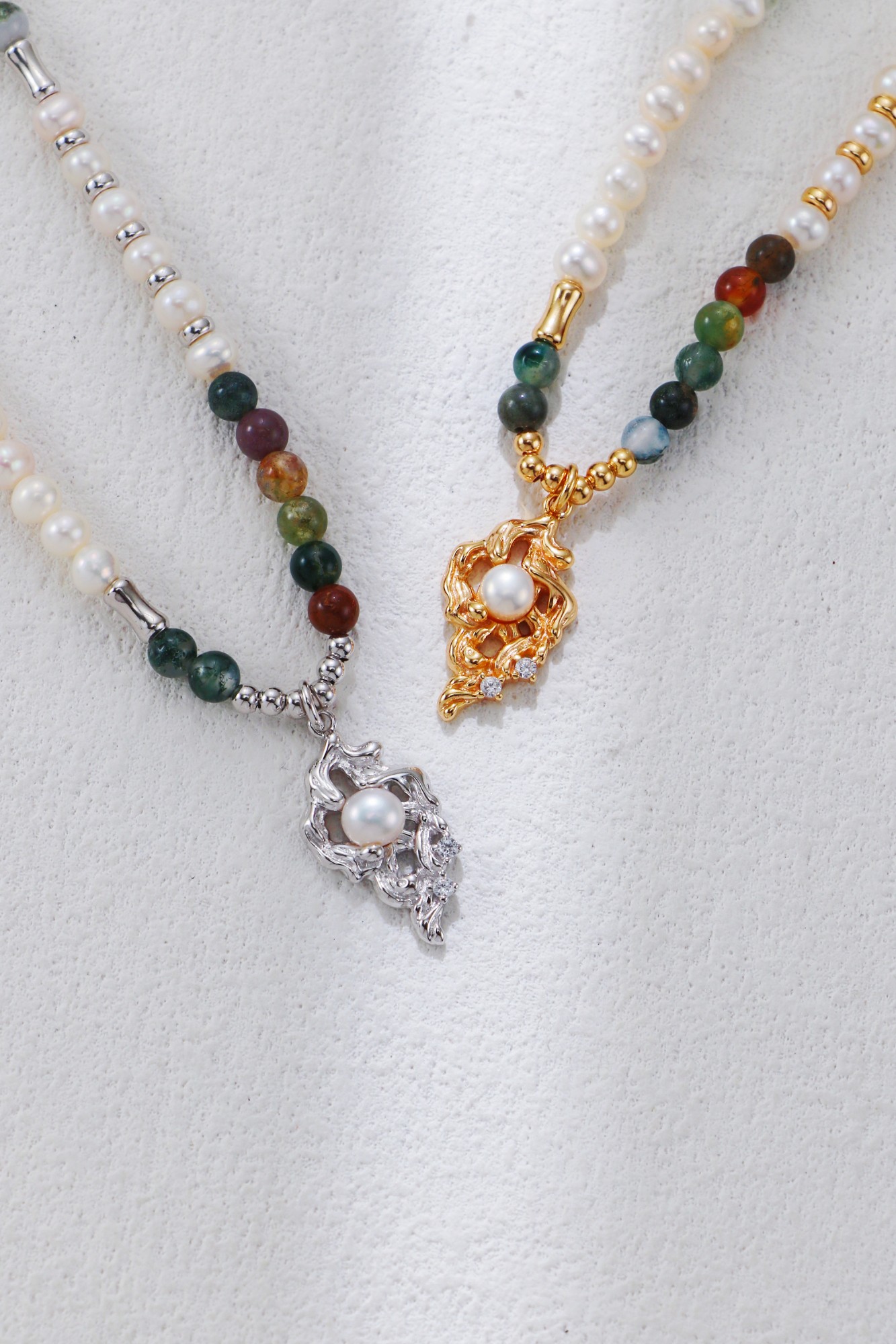 18K S925 Sterling Silver Fashionable Niche Multicolored Agate and Pearl Necklace