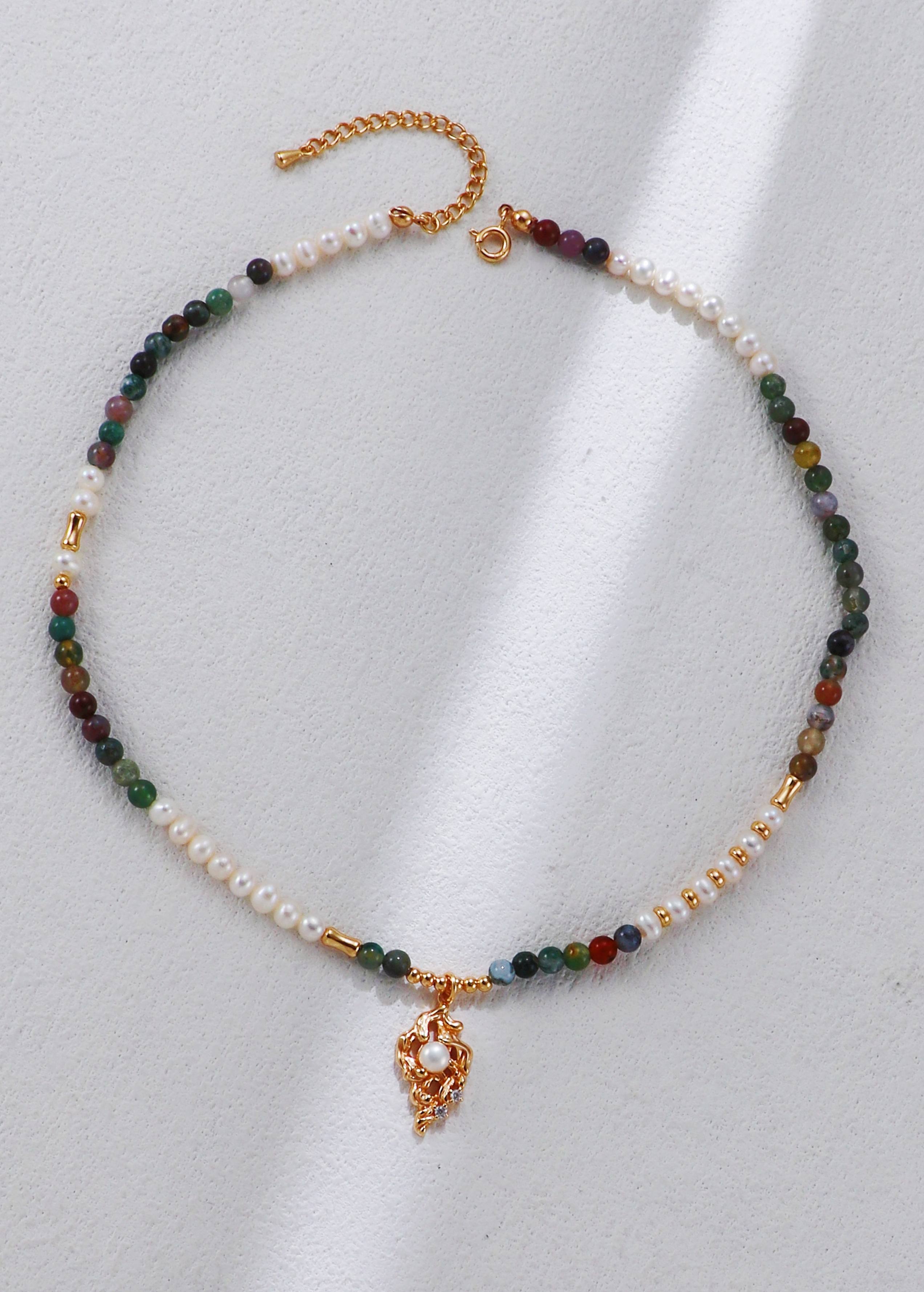 18K S925 Sterling Silver Fashionable Niche Multicolored Agate and Pearl Necklace