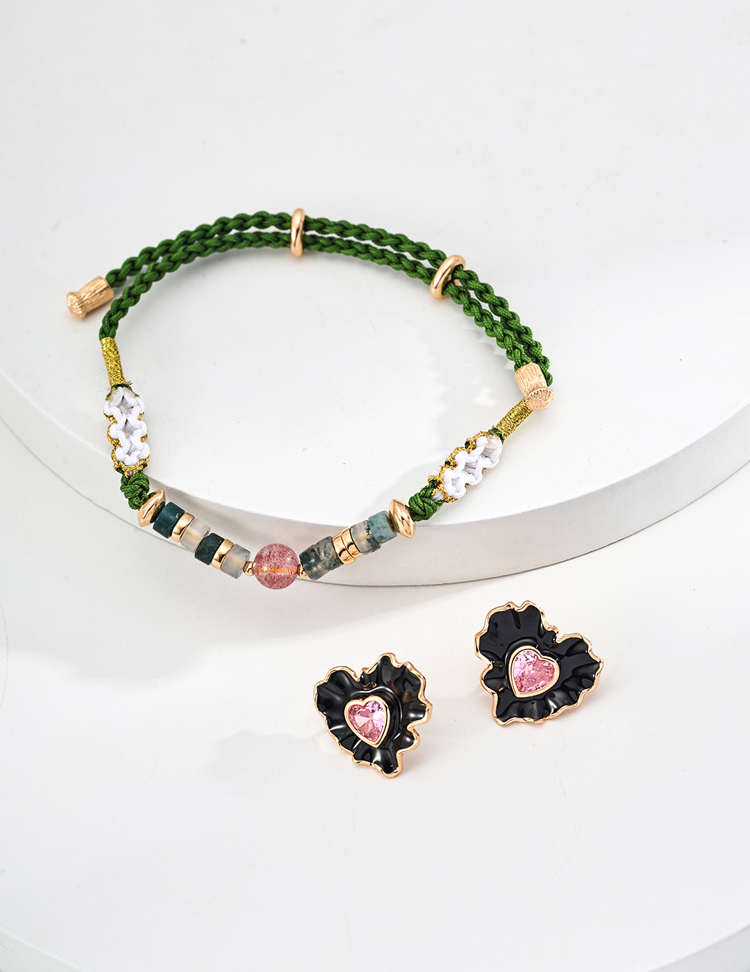 18K Gold & 925 Silver Vintage Fashion High-End Strawberry Quartz, Moss Agate, Hemp Rope Bracelet