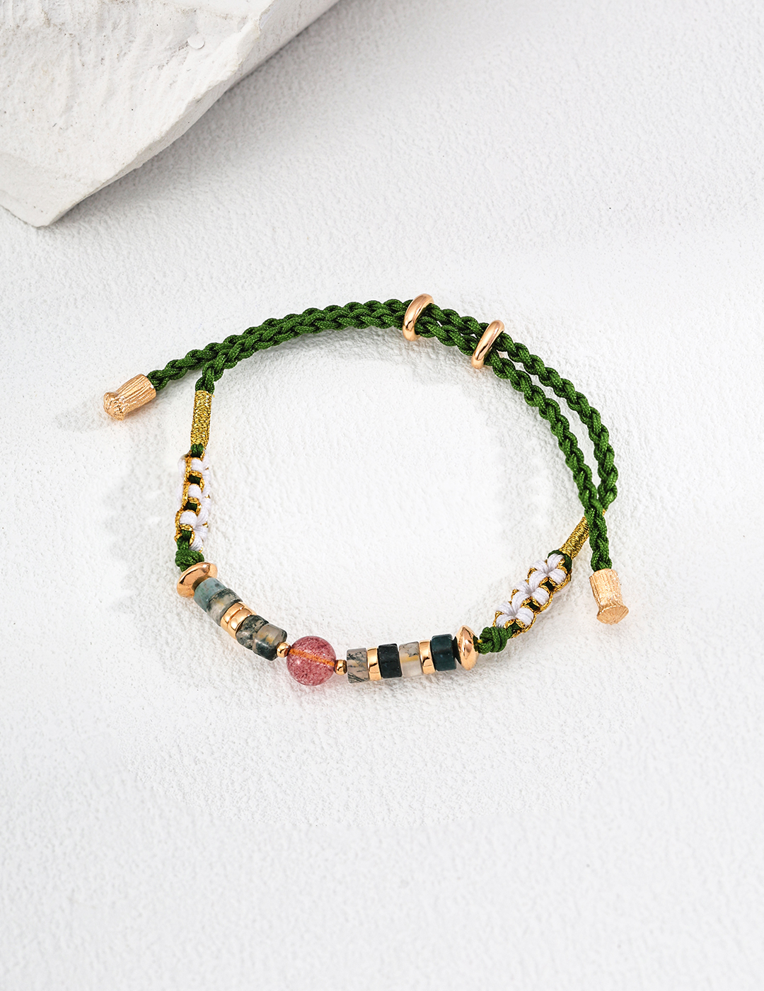 18K Gold & 925 Silver Vintage Fashion High-End Strawberry Quartz, Moss Agate, Hemp Rope Bracelet