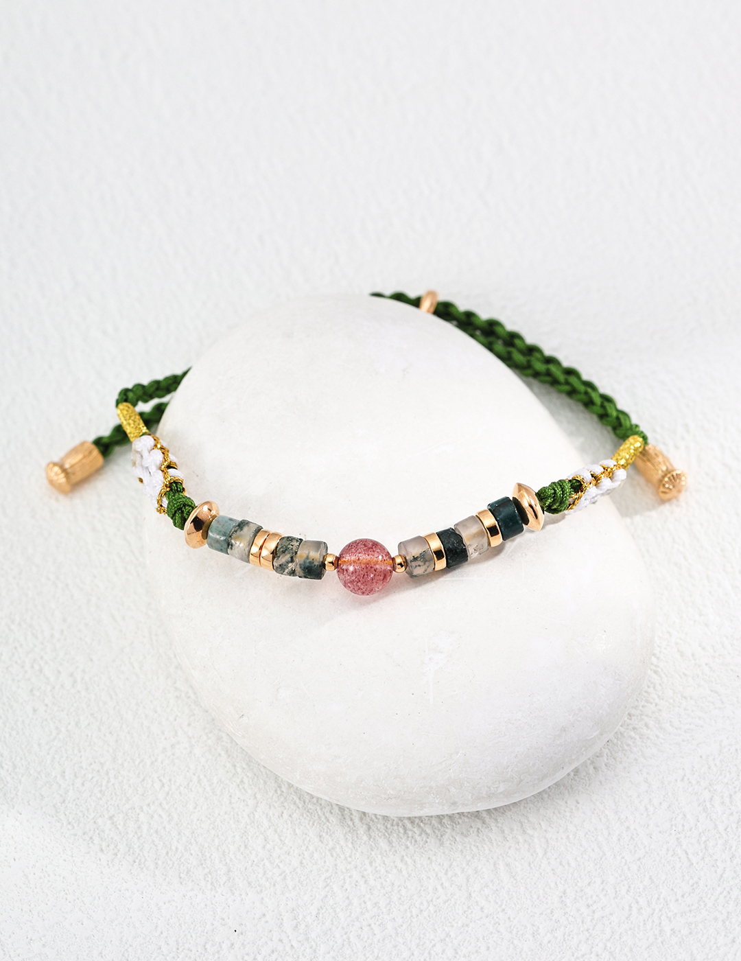 18K Gold & 925 Silver Vintage Fashion High-End Strawberry Quartz, Moss Agate, Hemp Rope Bracelet