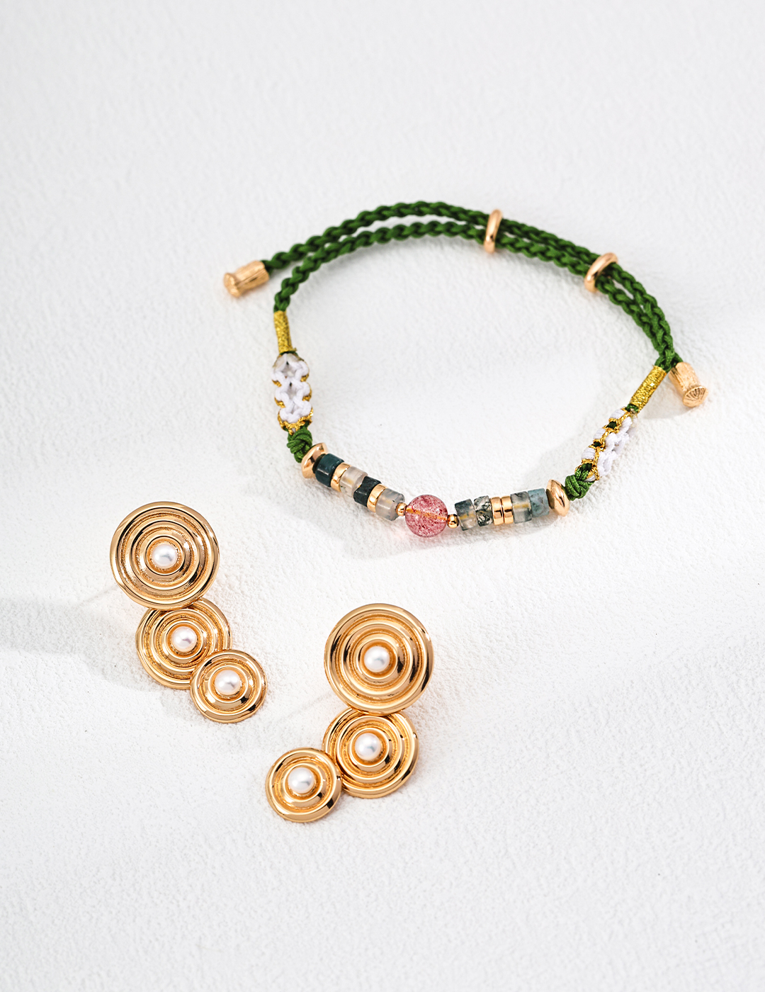 18K Gold & 925 Silver Vintage Fashion High-End Strawberry Quartz, Moss Agate, Hemp Rope Bracelet