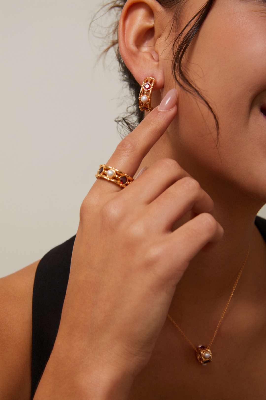 S925 Sterling Silver Vintage Fashionable Elegant Pearl and Red Zirconia Earrings, Ring, and Necklace