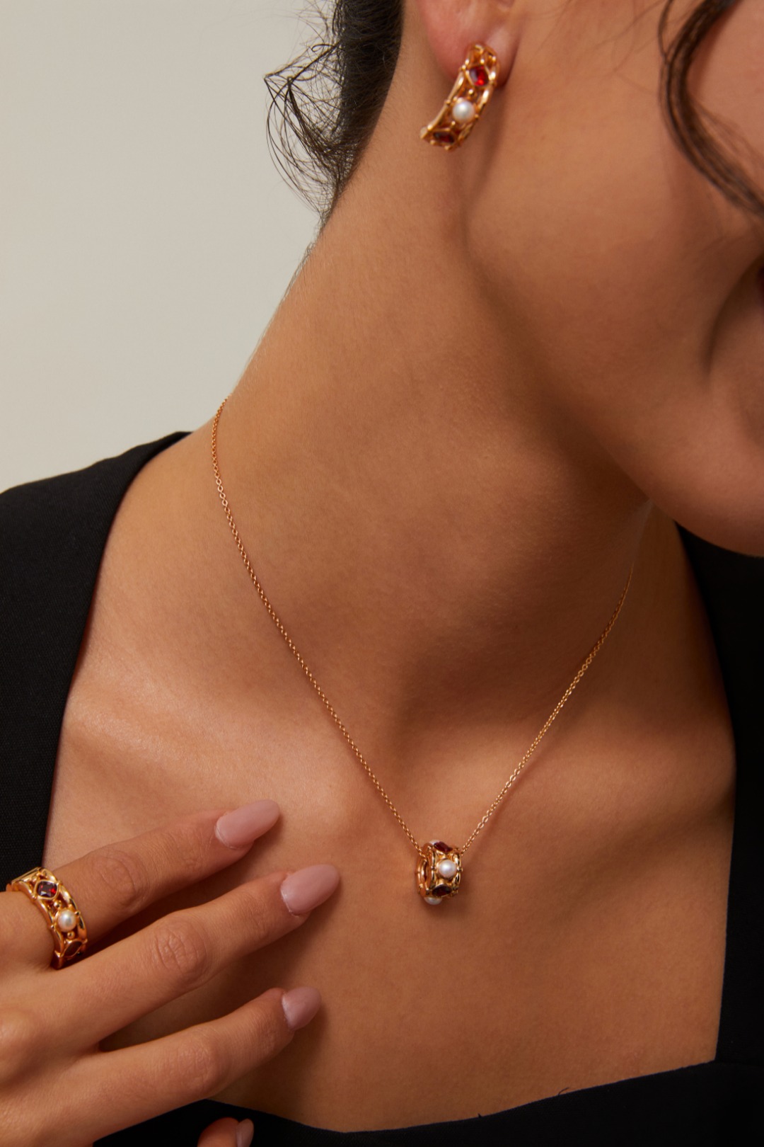 S925 Sterling Silver Vintage Fashionable Elegant Pearl and Red Zirconia Earrings, Ring, and Necklace