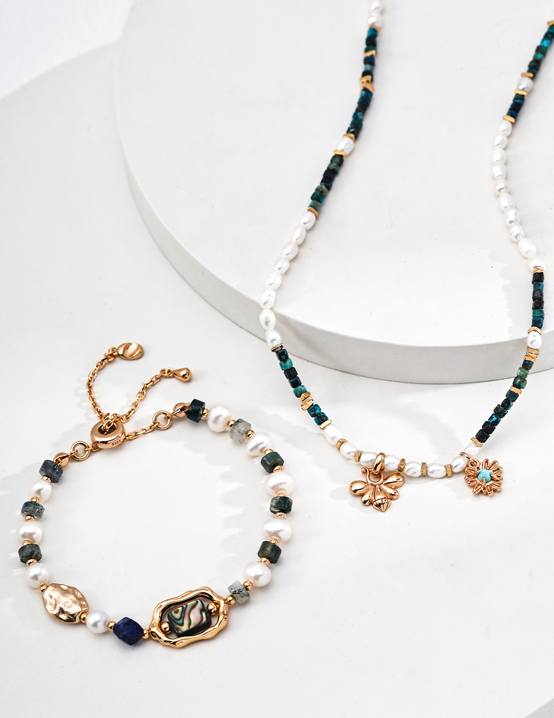 18K Gold & S925 Silver Designer Bracelet with Natural Pearl, Lapis Lazuli, Iridescent Shell, Moss Agate