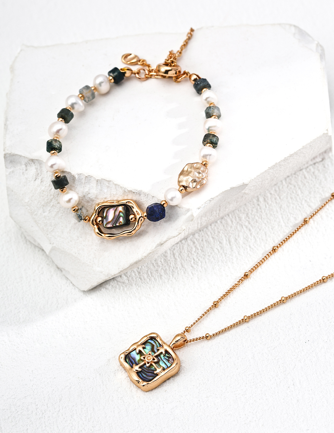 18K Gold & S925 Silver Designer Bracelet with Natural Pearl, Lapis Lazuli, Iridescent Shell, Moss Agate