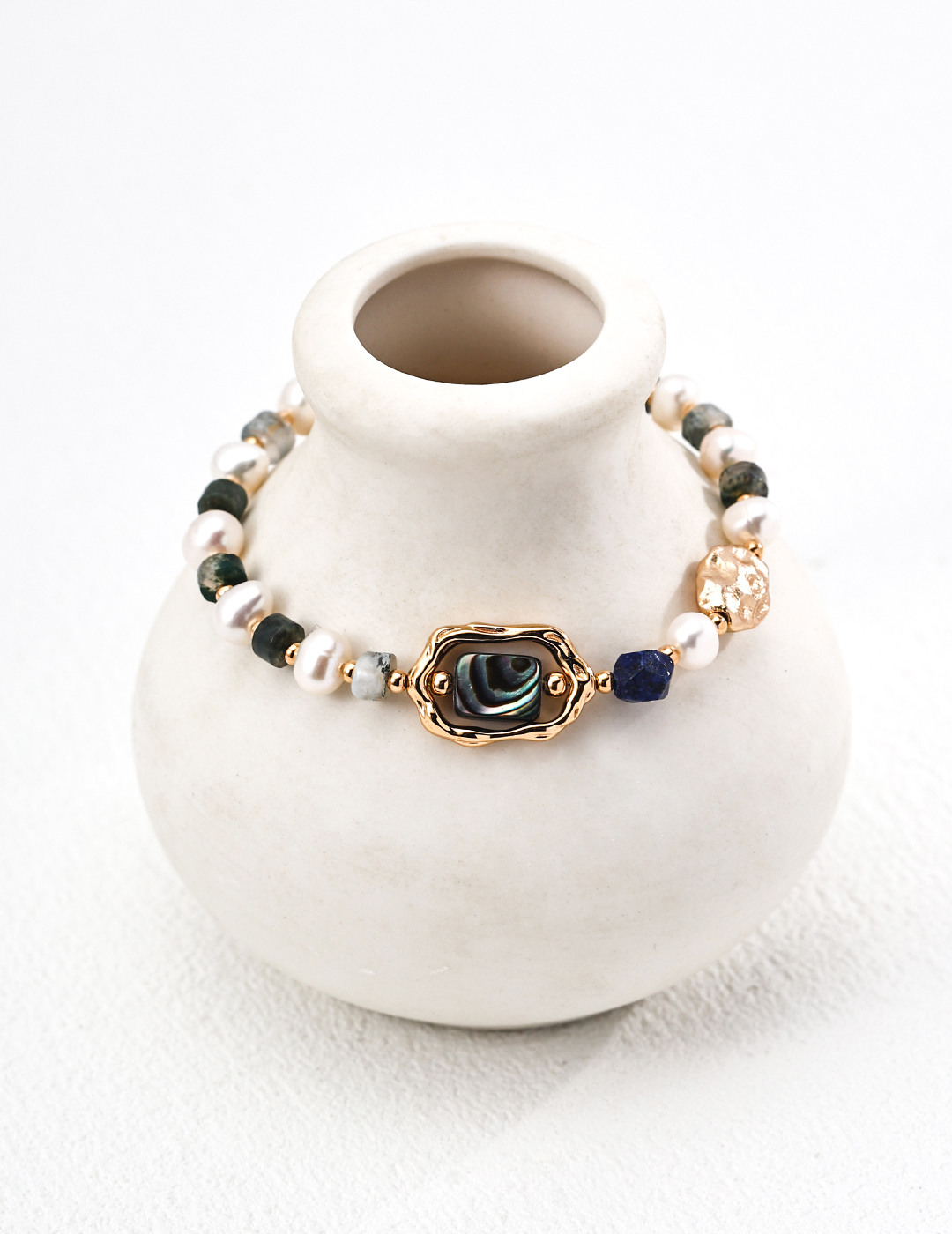 18K Gold & S925 Silver Designer Bracelet with Natural Pearl, Lapis Lazuli, Iridescent Shell, Moss Agate
