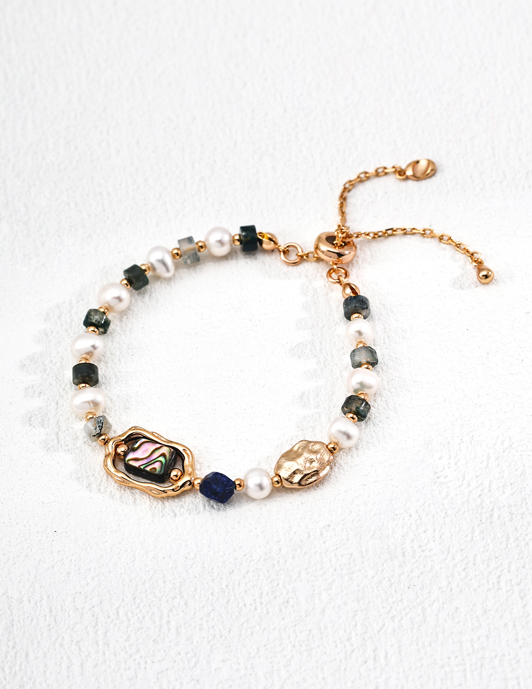 18K Gold & S925 Silver Designer Bracelet with Natural Pearl, Lapis Lazuli, Iridescent Shell, Moss Agate