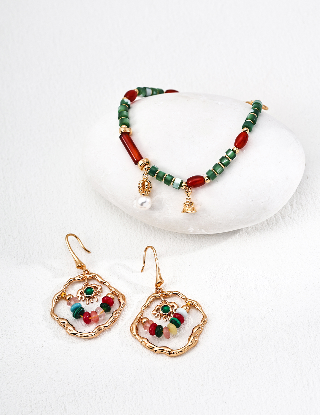 18K Gold and S925 Sterling Silver Vintage Design Pearl, Agate, and Shell Bracelet