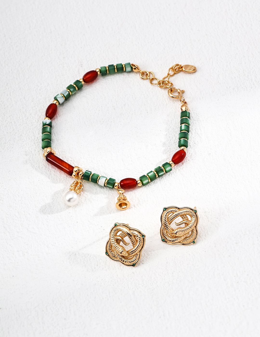 18K Gold and S925 Sterling Silver Vintage Design Pearl, Agate, and Shell Bracelet