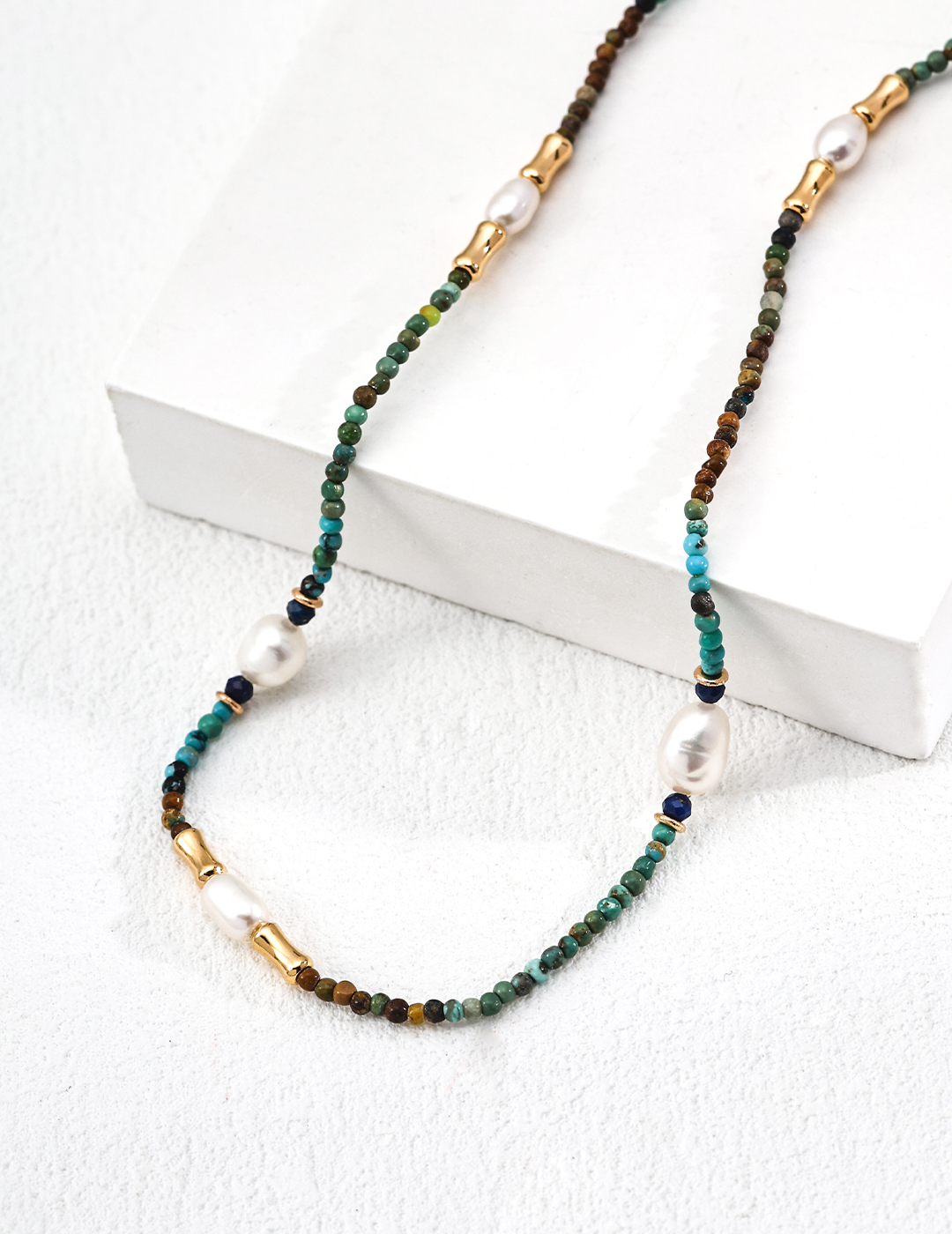 18K 925 Silver Vintage, Exquisite Natural Pearl, Lapis Lazuli, Turquoise, and Zircon Necklace