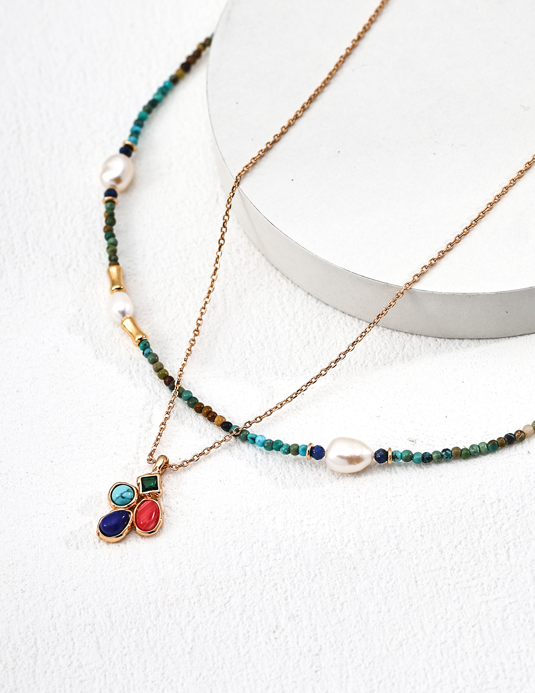 18K 925 Silver Vintage, Exquisite Natural Pearl, Lapis Lazuli, Turquoise, and Zircon Necklace