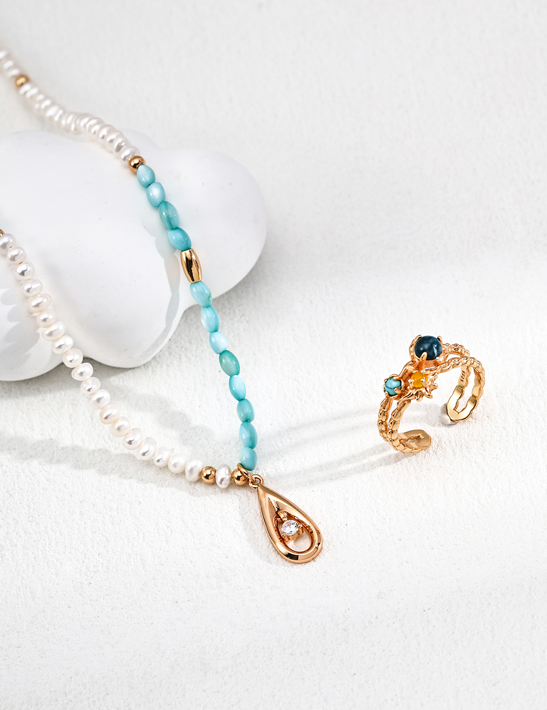 18K Gold Plated S925 Sterling Silver Fashion Natural Pearl and Blue Mother-of-Pearl Zircon Necklace