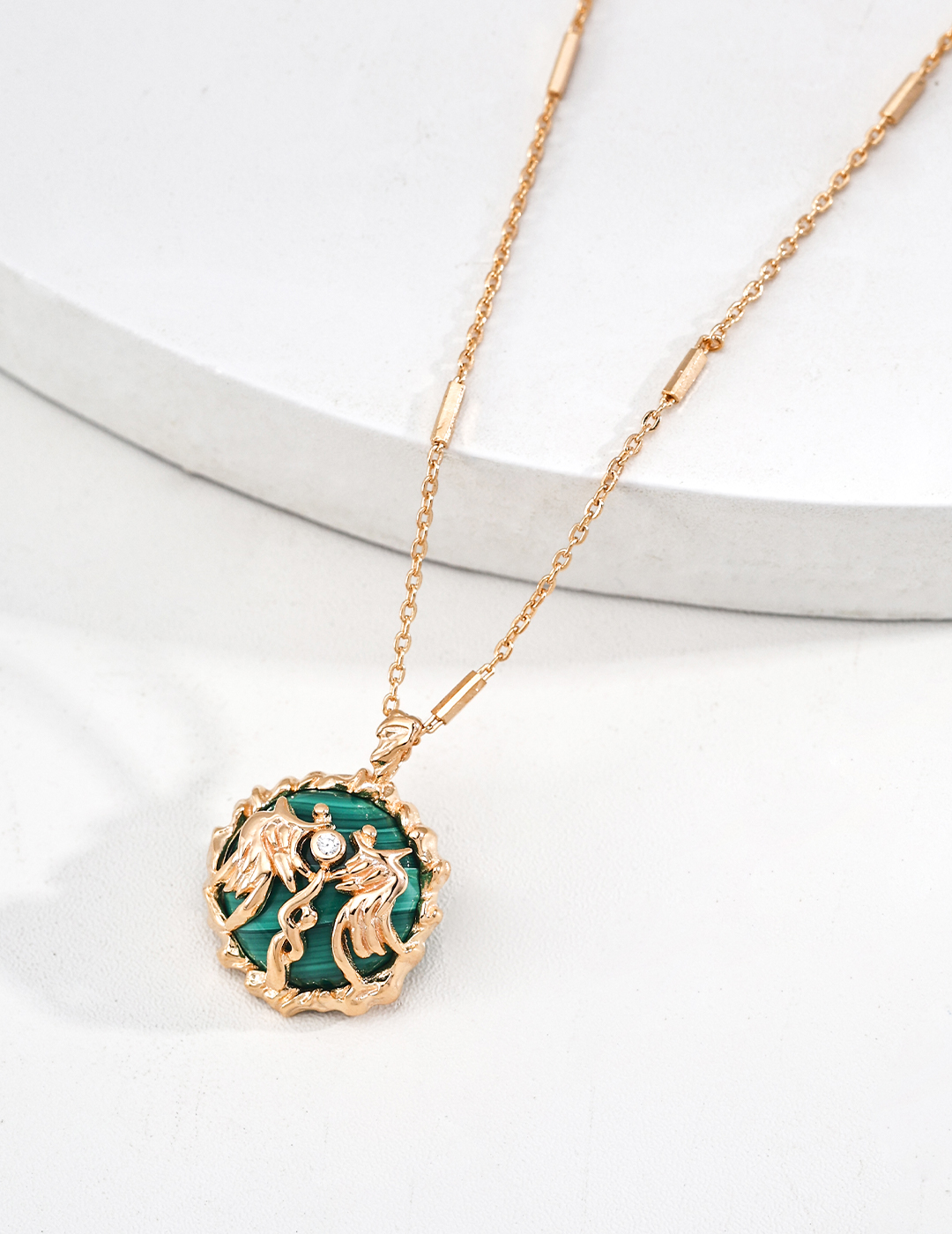 18K S925 Sterling Silver Vintage Fashion Unique Malachite and Zirconia Necklace