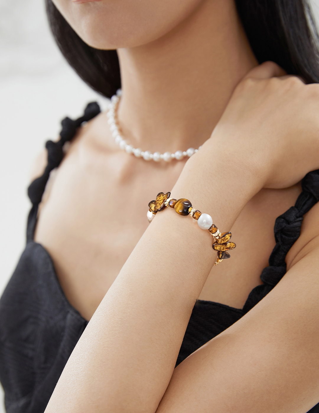 18K Gold Plated S925 Sterling Silver Vintage Fashion Unique Natural Pearl Czech Glass Tiger Eye Bracelet