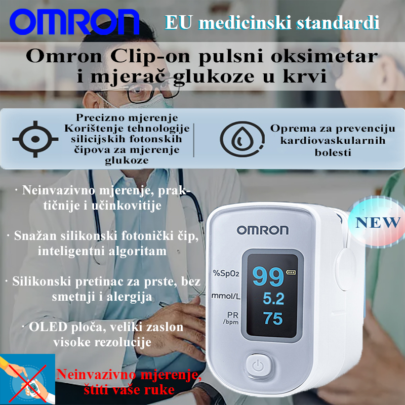 Omron Clip-on pulsni oksimetar i mjerač glukoze mjere šećer u krvi i kisik