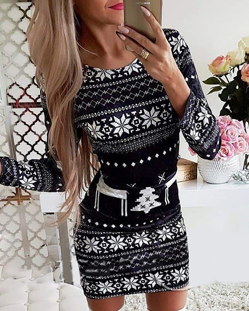 🎅【S-5XL】Vestido de Natal de manga comprida estampado outono e inverno 2023