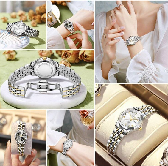 Relógio feminino com pulseira de aço com fecho borboleta e calendário duplo Night Glow