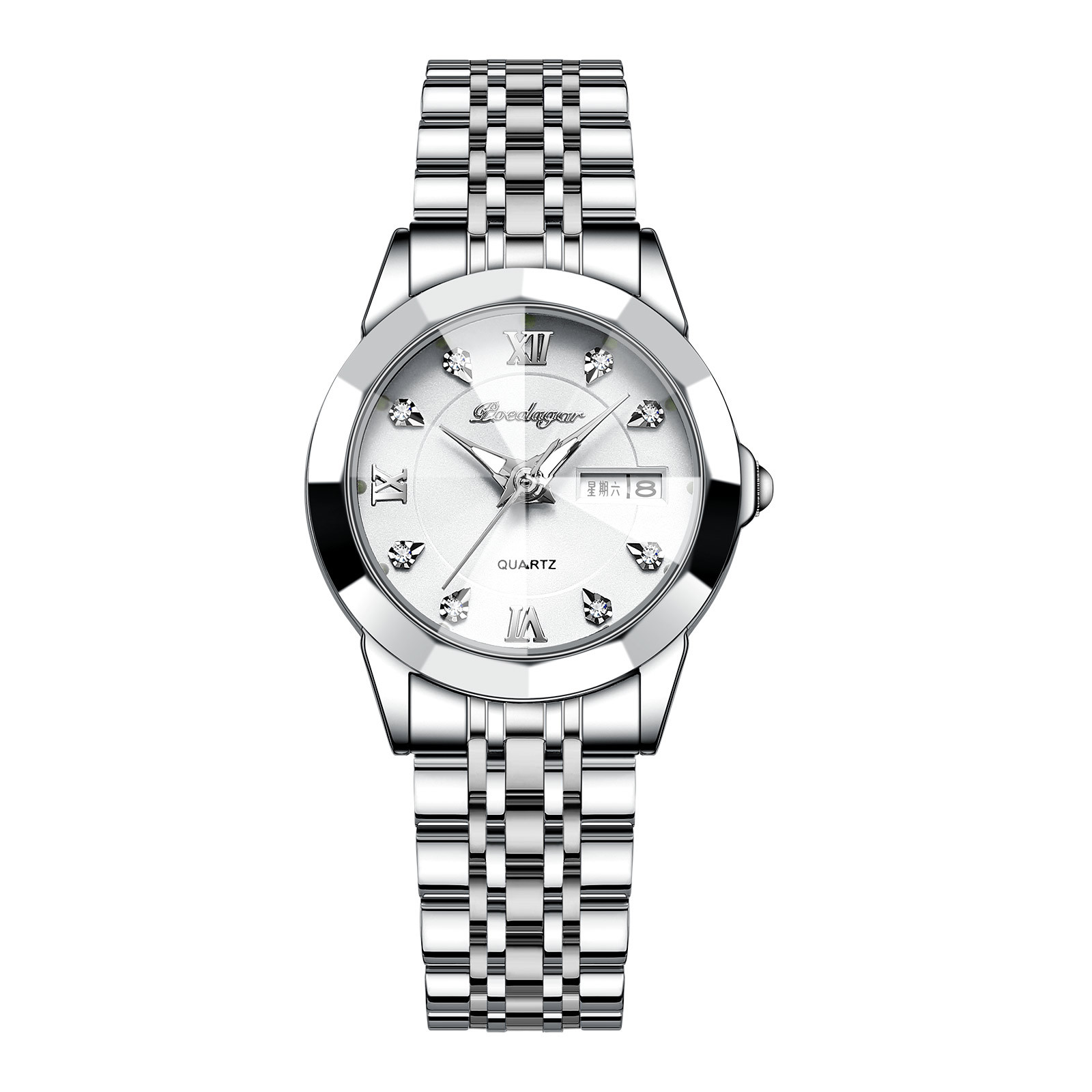 Relógio feminino com pulseira de aço com fecho borboleta e calendário duplo Night Glow