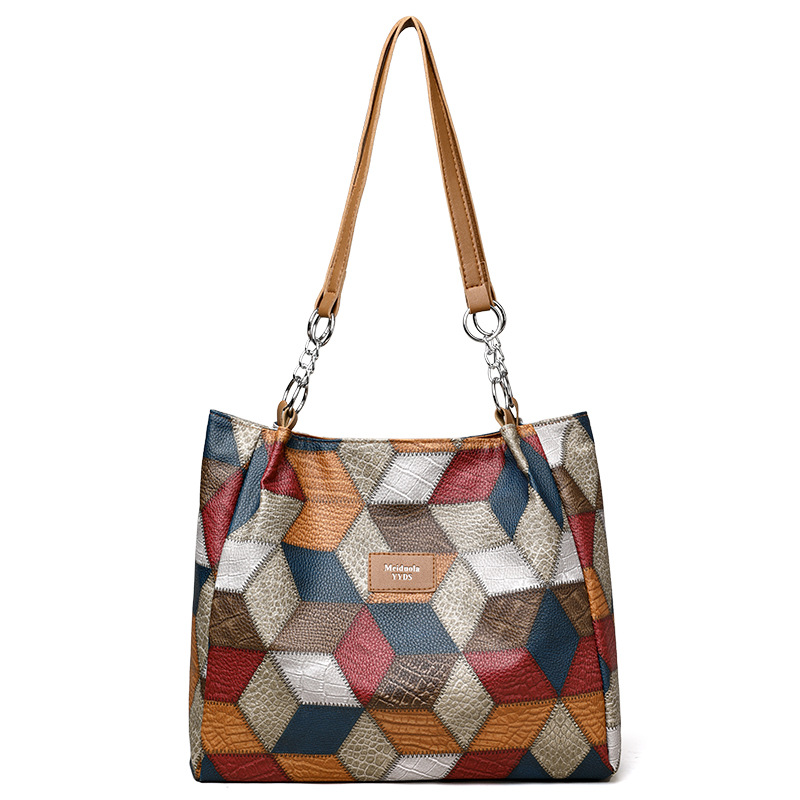 Bolsa de senhora estilo retro polónio com padrão geométrico de losango∨ Grande capacidade adequada para uso diário