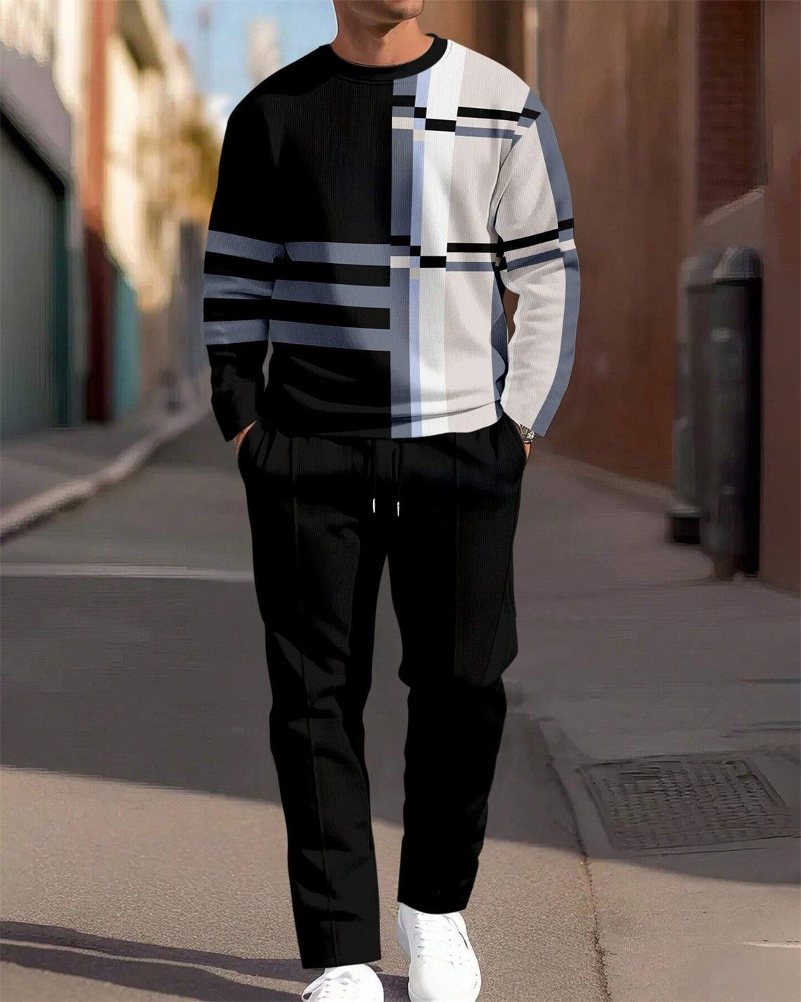 [Copy]Terno esportivo casual masculino com decote redondo e cor simples combinando