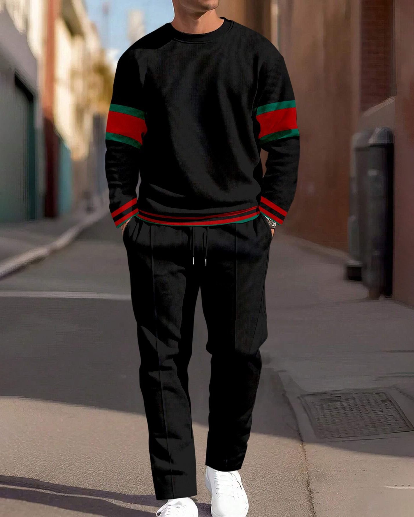 [Copy][Copy][Copy][Copy][Copy]Terno esportivo casual masculino com decote redondo e cor simples combinando