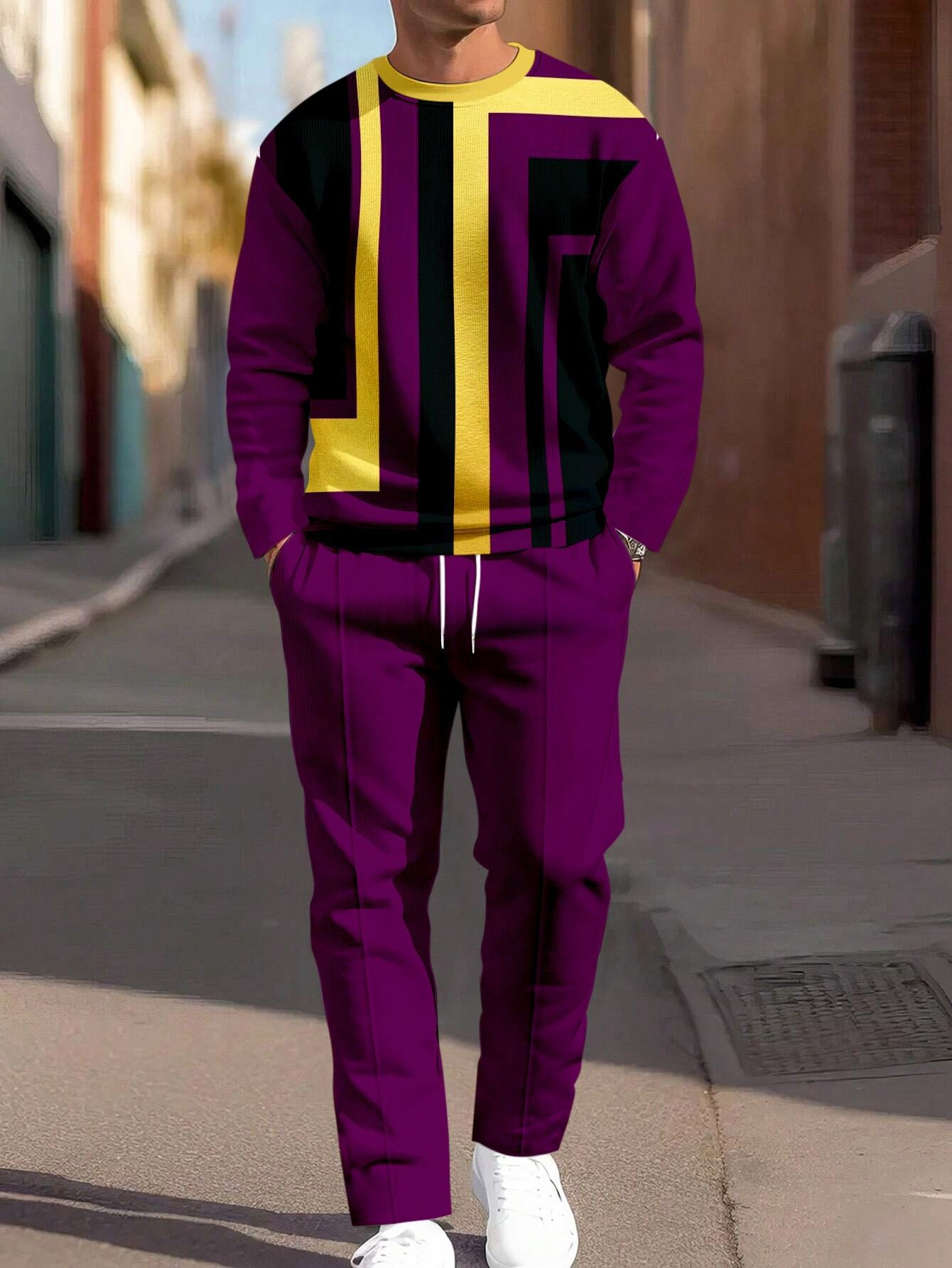 [Copy][Copy][Copy][Copy][Copy][Copy][Copy][Copy]Terno esportivo casual masculino com decote redondo e cor simples combinando