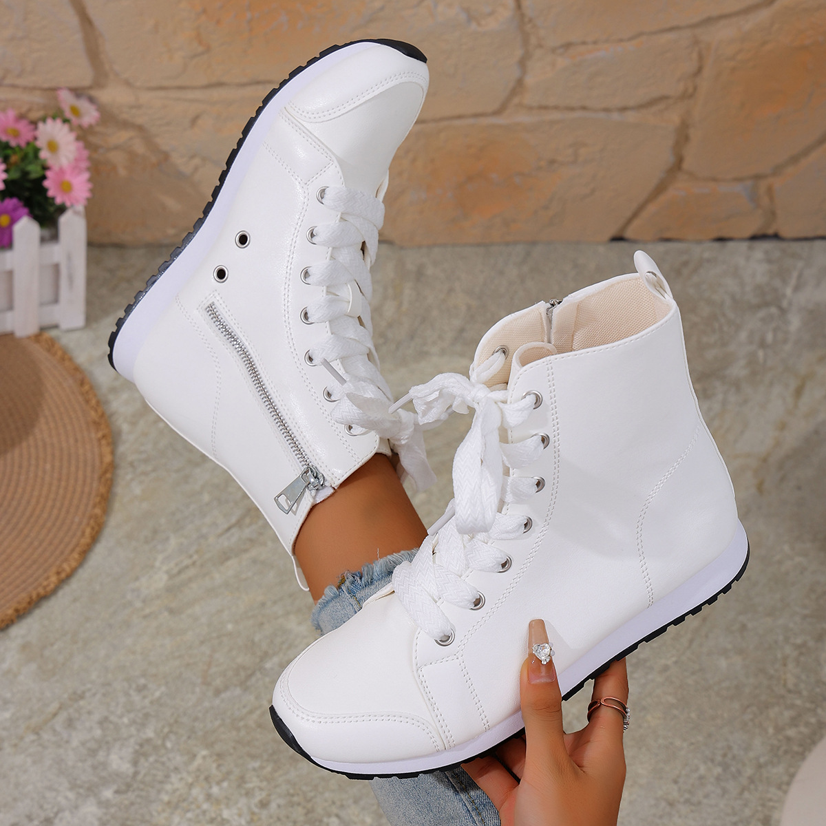 Botas femininas de cano curto com zíper respirável