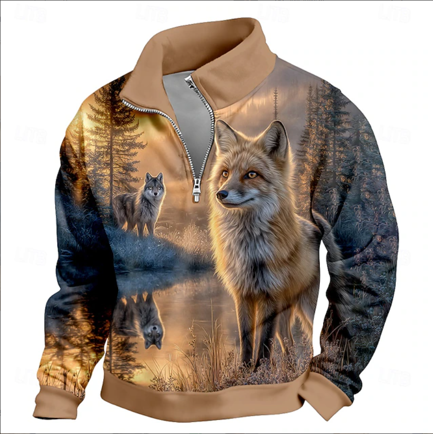 Jaqueta masculina com capuz em pele de raposa, estilo militar clássico, adequada para caça, camping e atividades ao ar livre, disponível em azul, preto, marrom e verde, com zíper, ideal para outono e inverno.