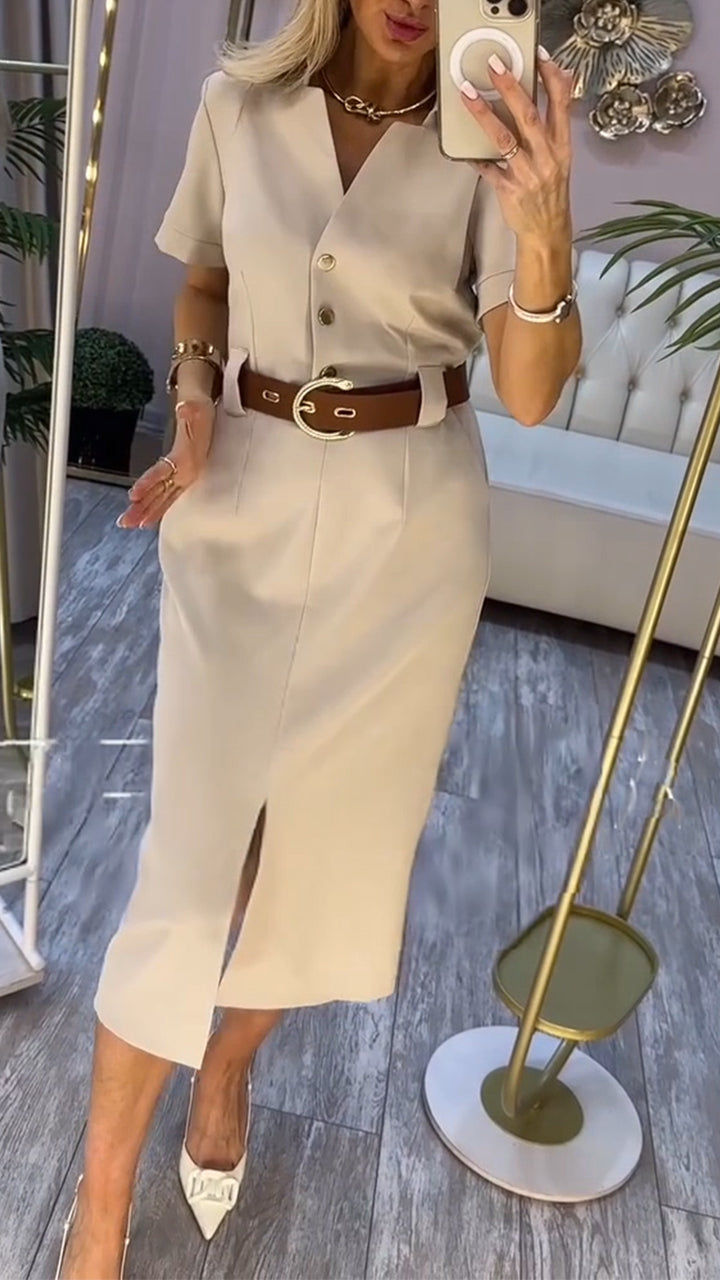 Vestido casual para mulher com racha na lapela