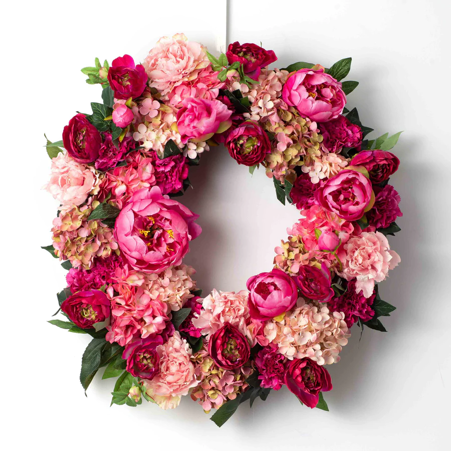 Flores coradas - grinalda de porta primavera-verão mista de hortênsias cor-de-rosa e peónias