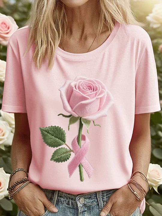 Women's Breast Cancer Floral Print T-Shirt