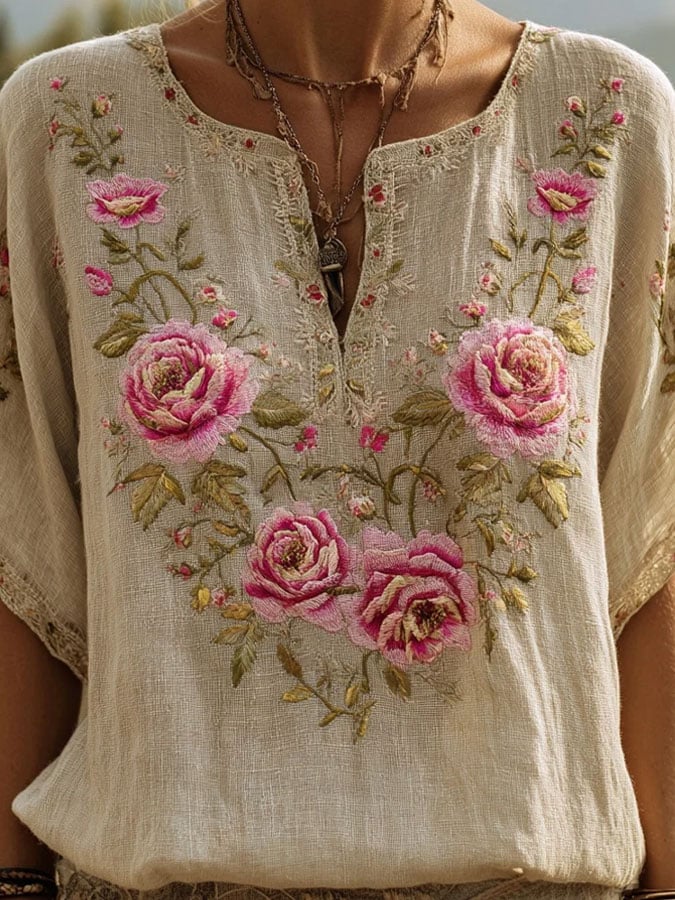 Women's Breast Cancer Awareness Pink Floral Art Print V-Neck Shirt