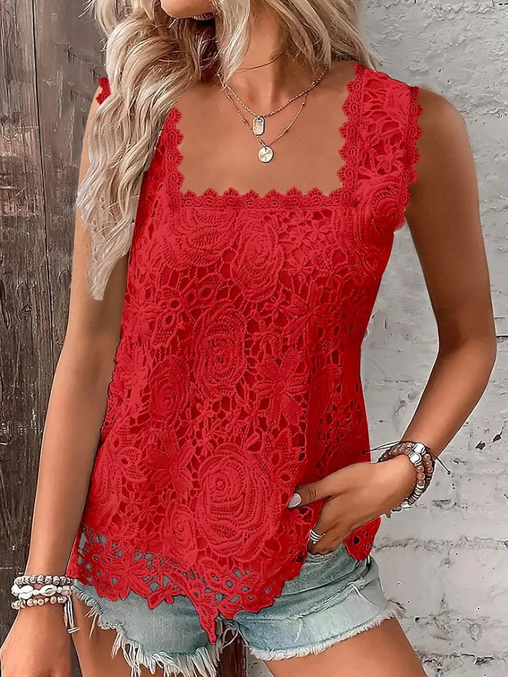 Women's Fashion Solid Color Lace Square Neck Tank Top