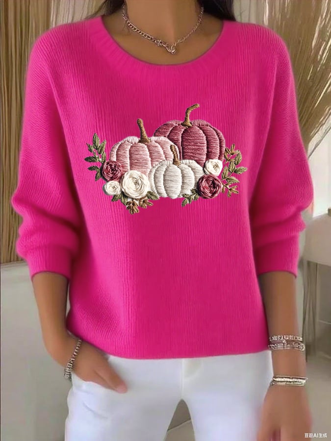 Women's Casual Pink Pumpkin Print Long-Sleeved Round Neck Bottoming Shirt