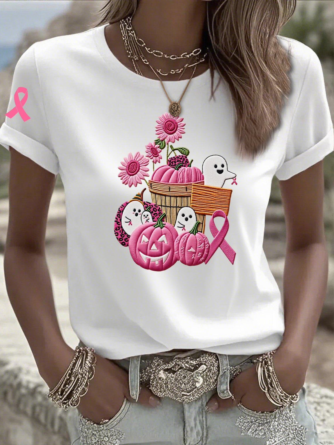 Women's Casual Pink Ghost Pumpkin T-Shirt