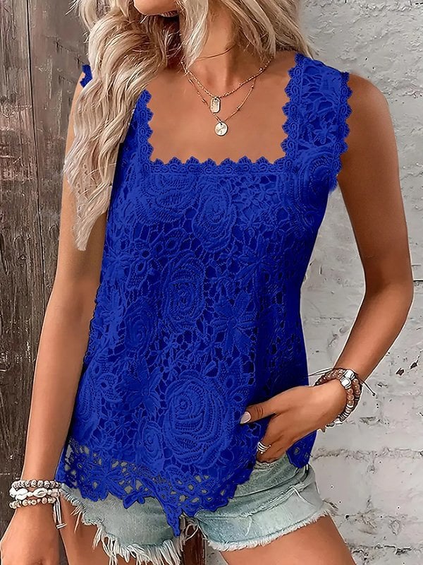 Women's Fashion Solid Color Lace Square Neck Tank Top