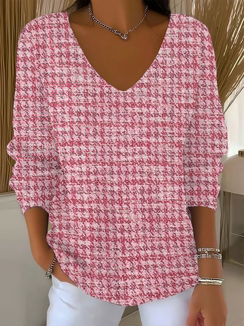 Women'S Pink Plaid Print Drop Shoulder Sweater