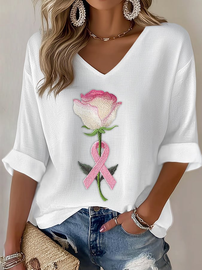 Women's pink embroidered floral print waffle T-shirt