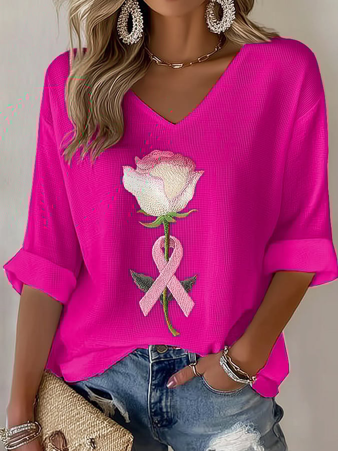 Women's pink embroidered floral print waffle T-shirt