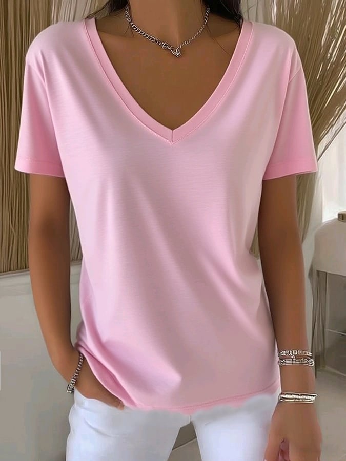 Women's Casual All-Match Solid Color V-Neck T-Shirt