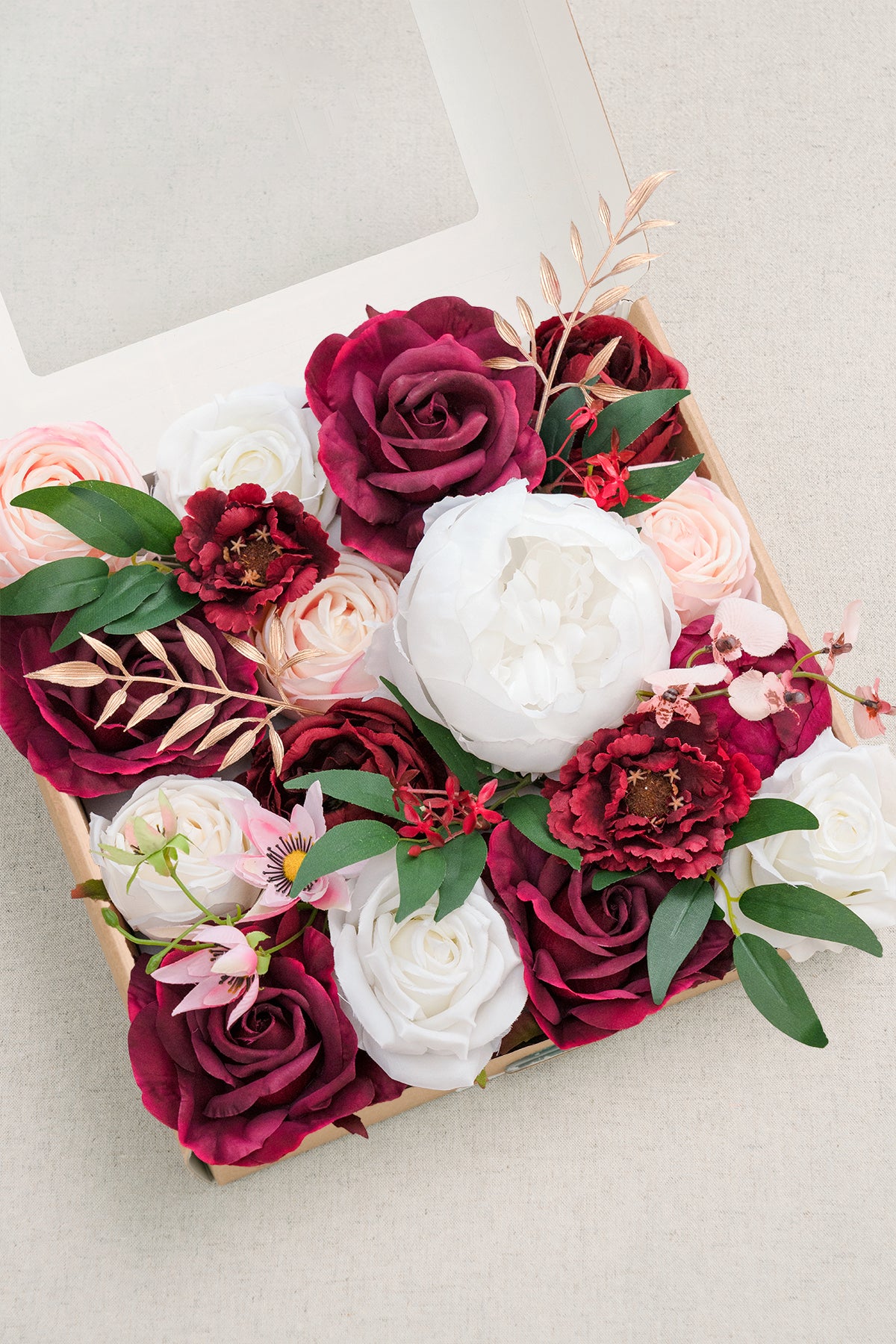 Caixas de flores de designer de peônia com toque natural