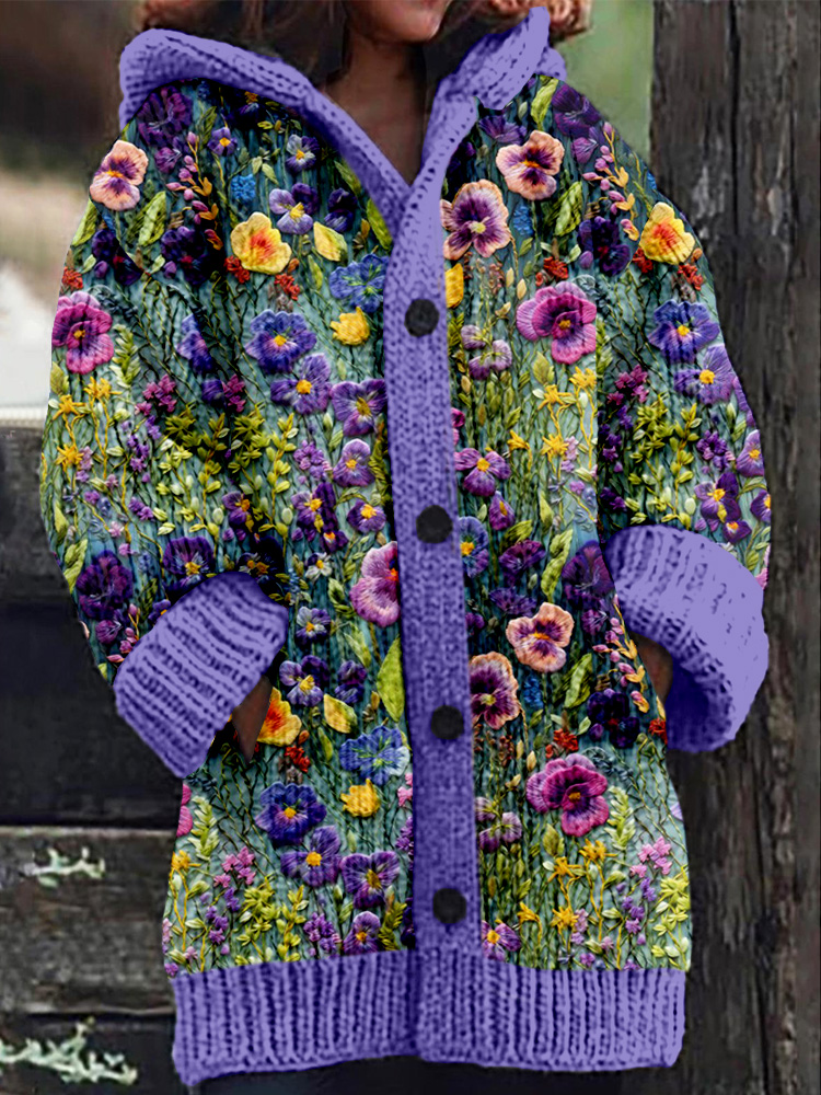 Cardigan com capuz e arte violeta com bordado de flores silvestres