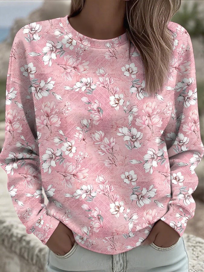 Women's Breast Cancer Pink Flower Print Sweatshirt