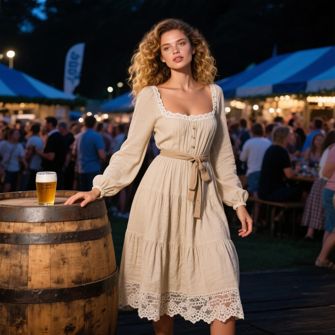 Vintage Country Women's Square Neck Lace Linen Long Sleeve Dress