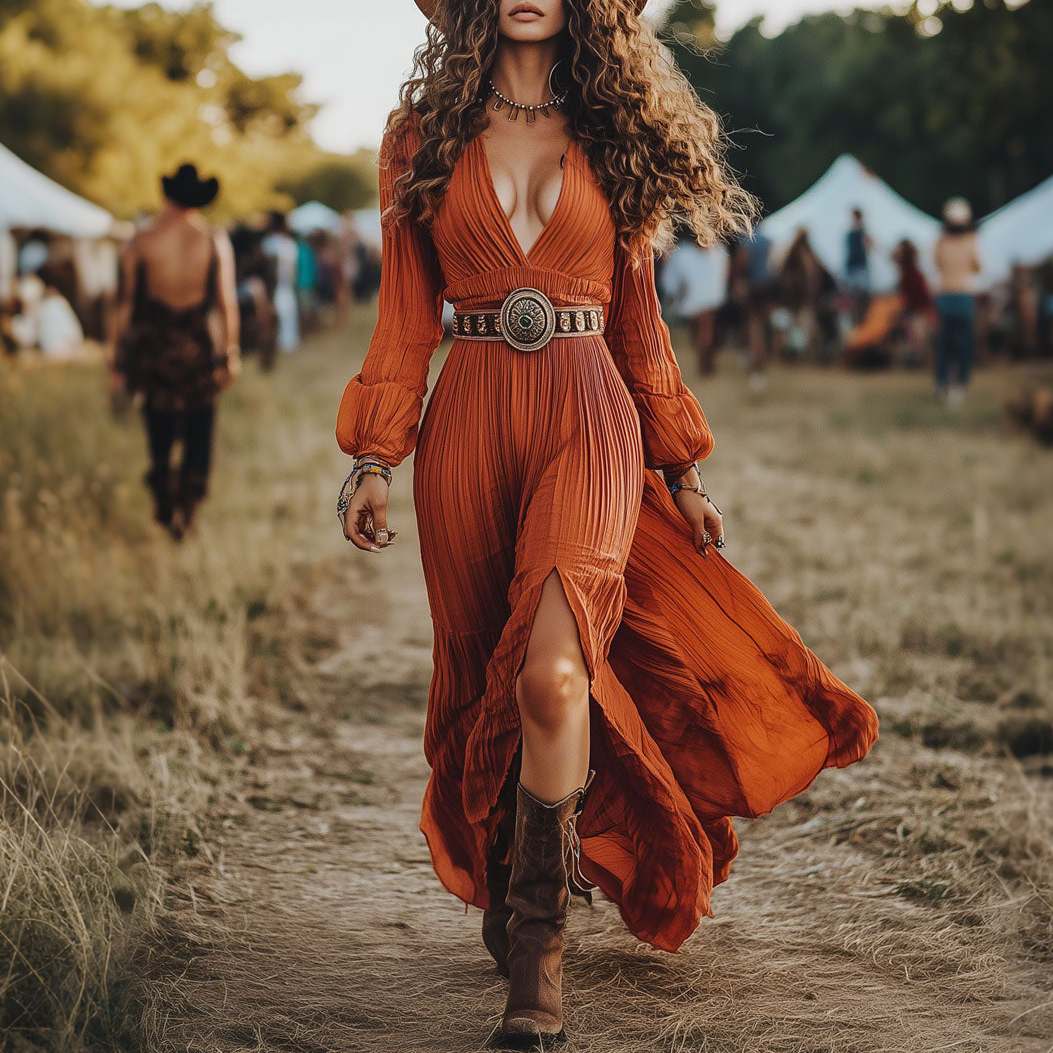 Western Retro Orange Textured Pleated Slit Long Sleeve Slit Maxi Dress
